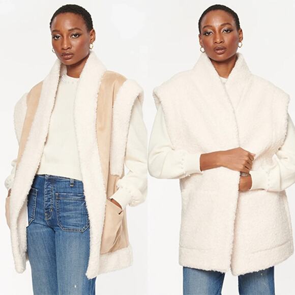 NWT Cami NYC Delma Reversible Faux Suede SherpaOversized Vest in White Beige